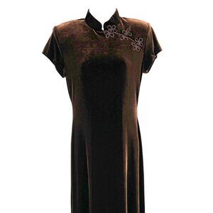 Rhapsody Vintage Brown Stretch Velvet Cheongsam Dress Short Sleeve Size 8